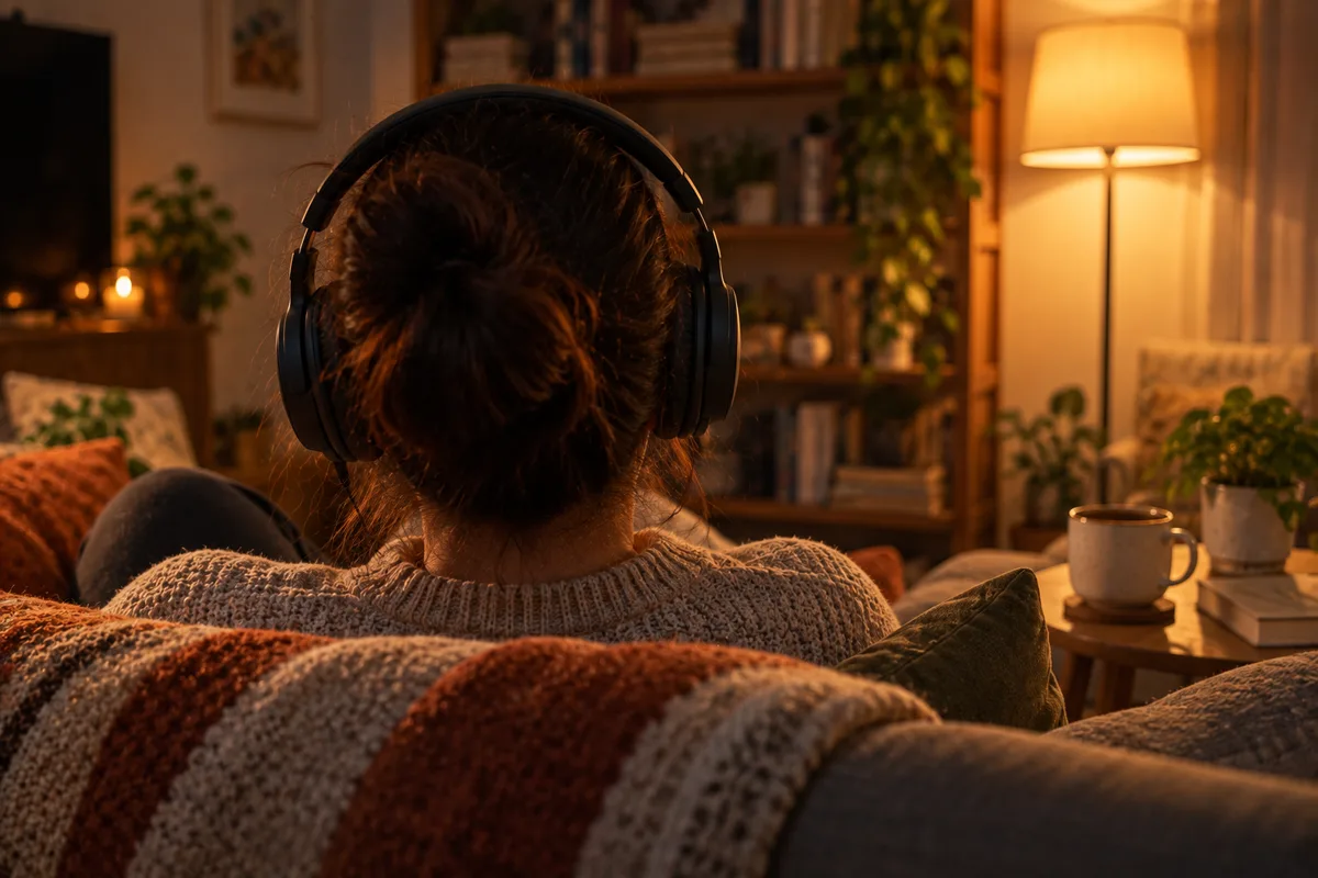 Someone on a sofa listening through over-ear headphones, seen from behind