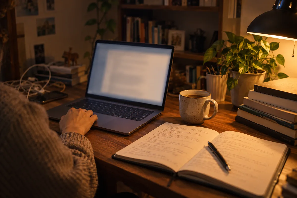 A desk lit by a lamp with an open laptop and a notebook of handwritten lesson notes