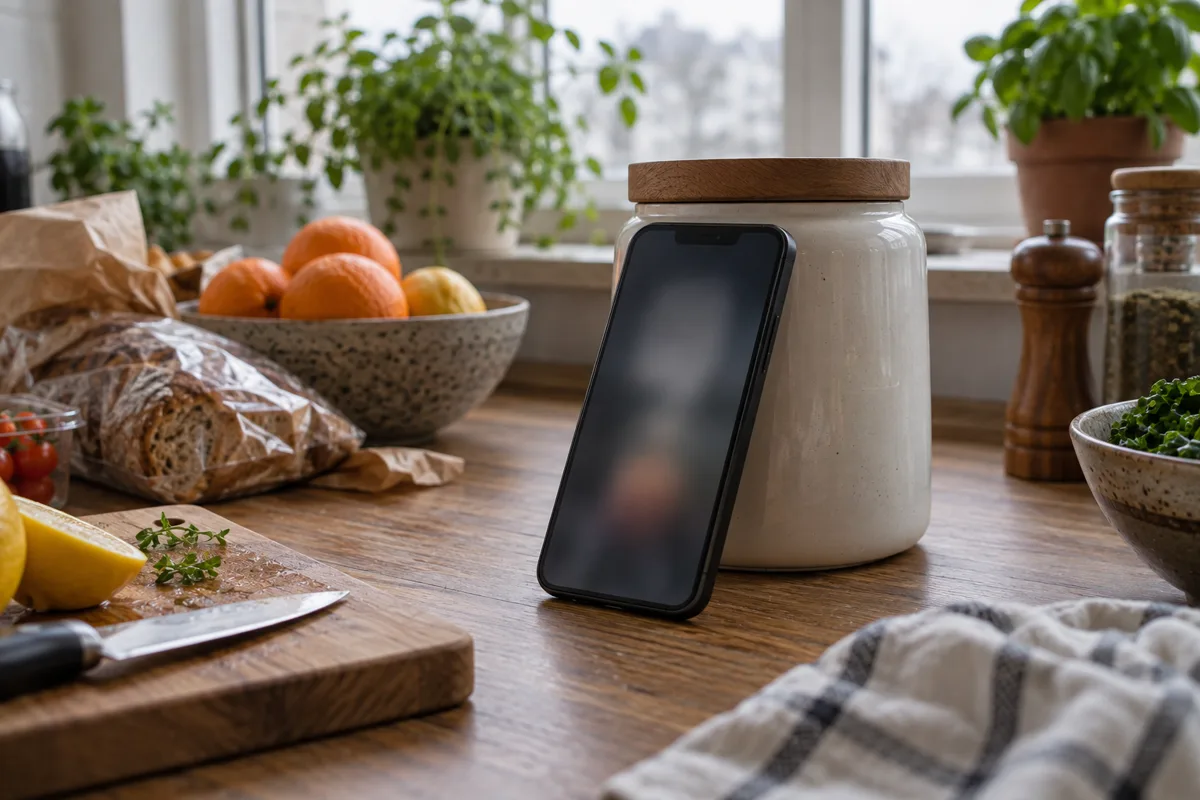 A phone propped upright on a kitchen counter with its speaker on