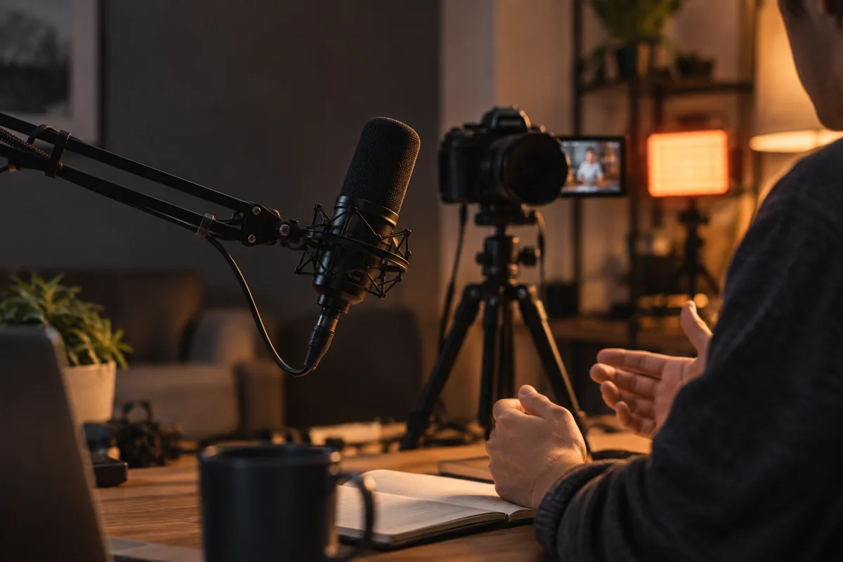 A home studio desk with a condenser microphone on a boom arm and a camera on a tripod